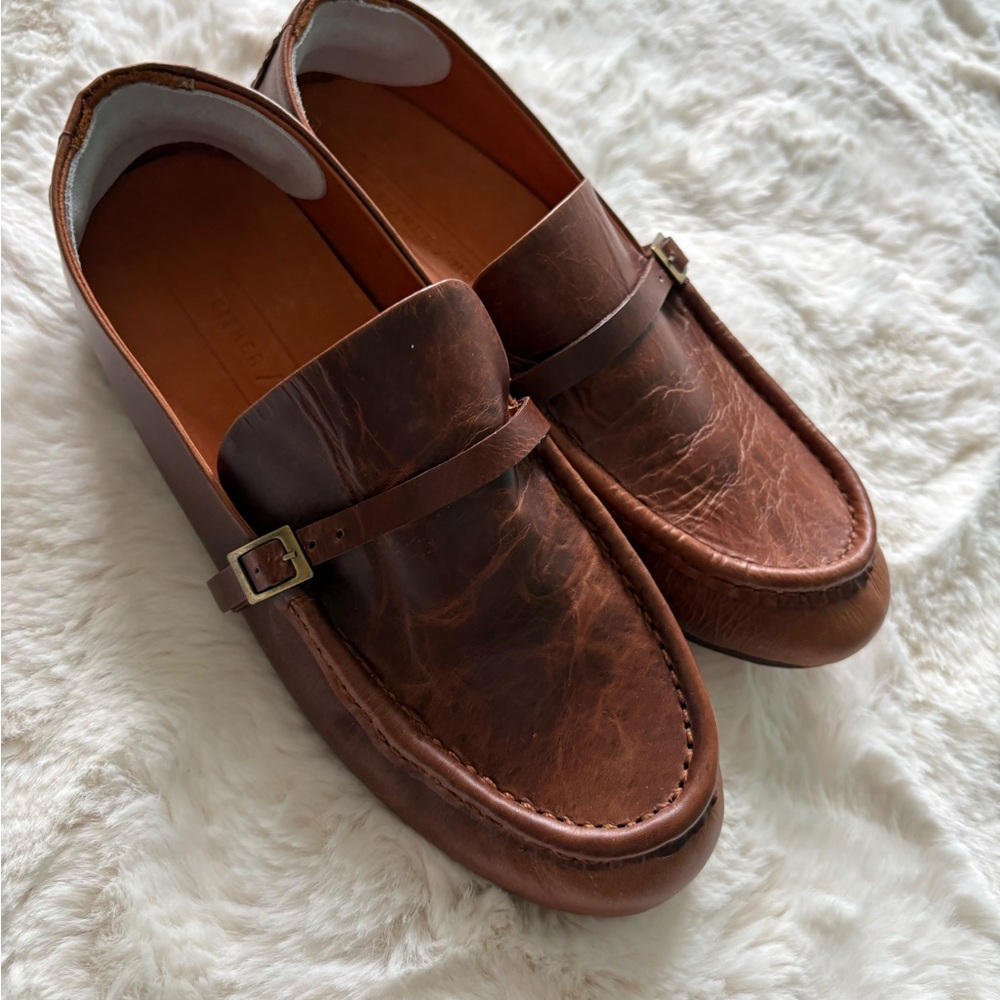 Either Or Brown Leather Slip-On Loafers with Buckle Accent